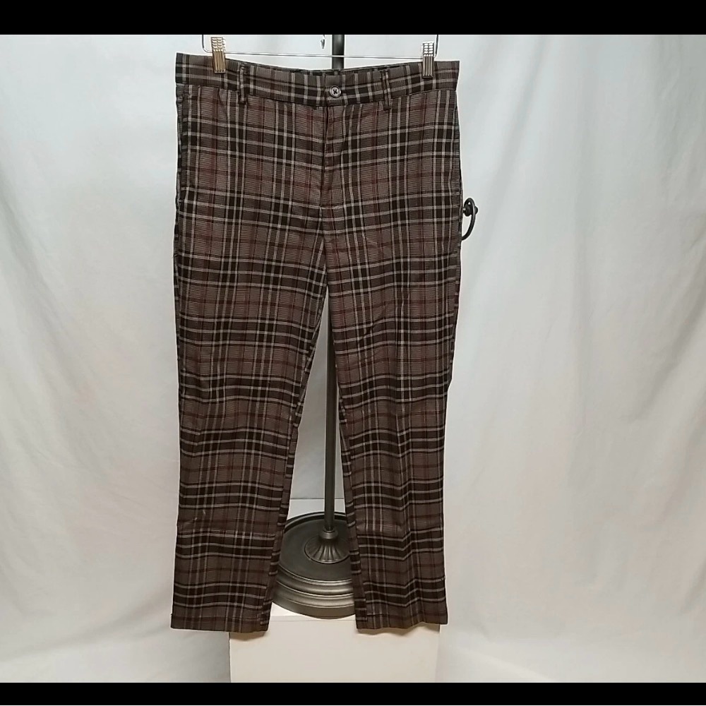 Forever 21 Men Brown Plaid Men's Sz. 31 Straight Leg Flat Front Dress Pants